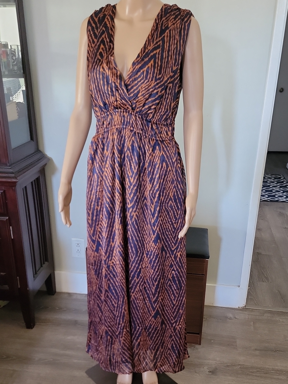 Brown & Navy Sleeveless Wrap Maxi Dress